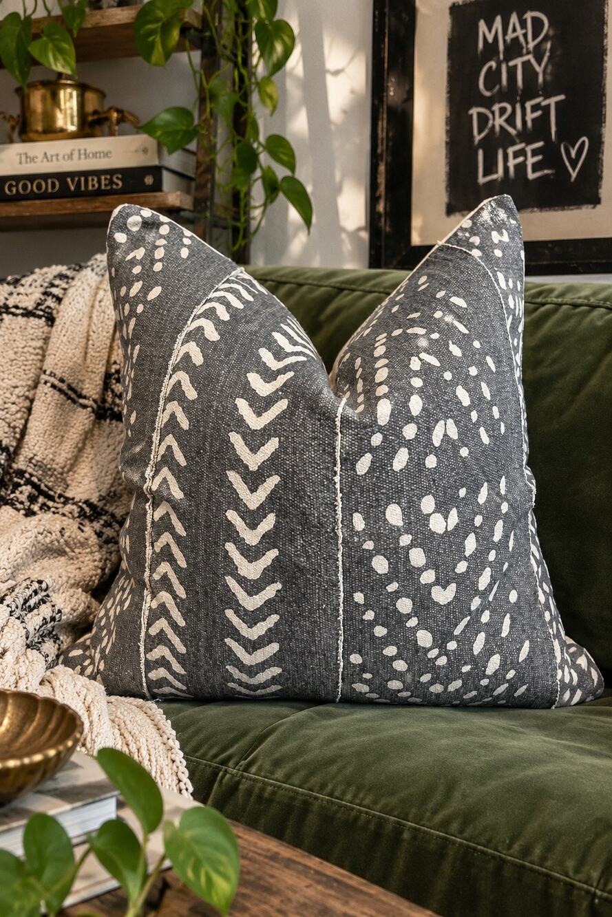 Merchant 41 Gray Mudcloth Boho Pillow 18x18 Down Insert Included